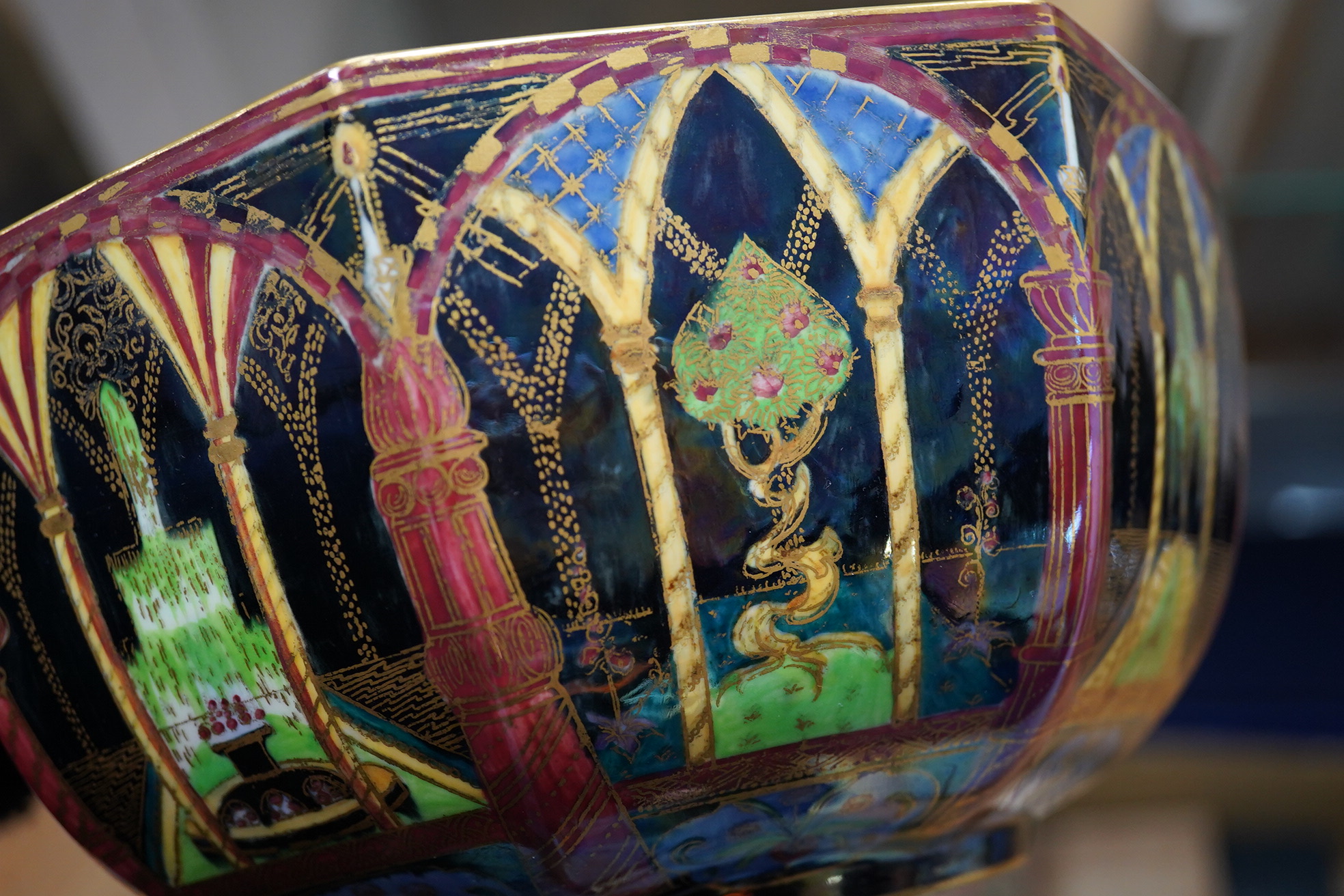 A Wedgwood fairyland lustre Moorish octagonal bowl, designed by Daisy Makeig Jones, 21cm wide. Condition – slight wear to gilding in the centre, otherwise in good condition with no restoration, chips or cracks detected